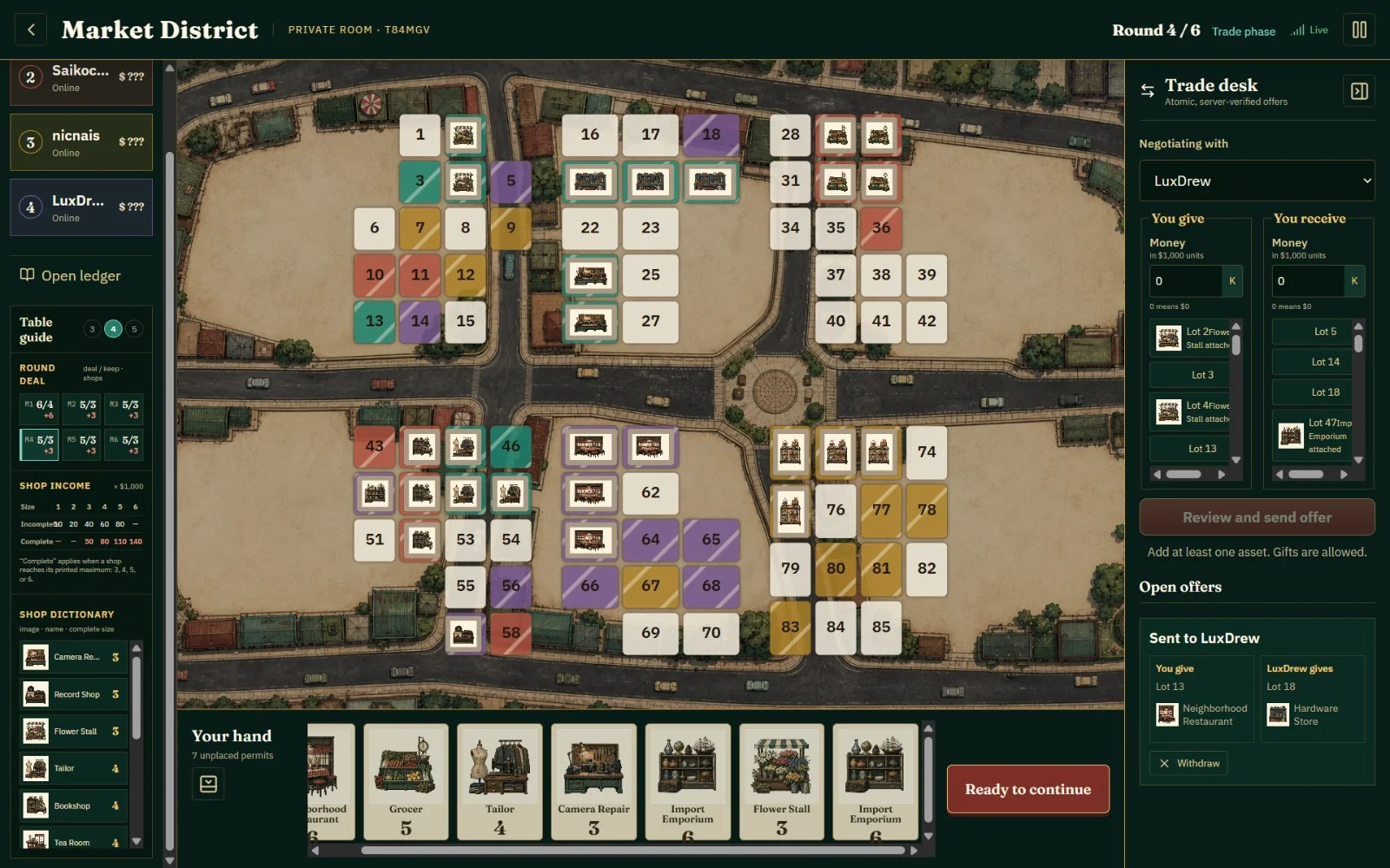 Market District — A private, synchronous 3–5 player negotiation board game for remote game nights, built as an unofficial non-commercial web adaptation inspired by Chinatown.