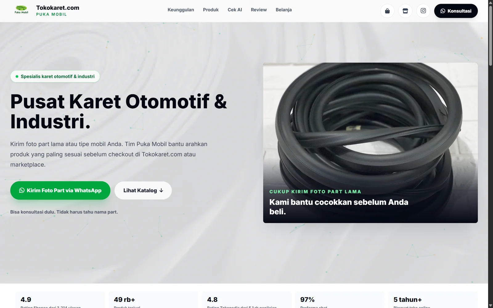 TokoKaret — A live commerce platform for rubber and industrial products with a guided, symptom-based consultation flow.